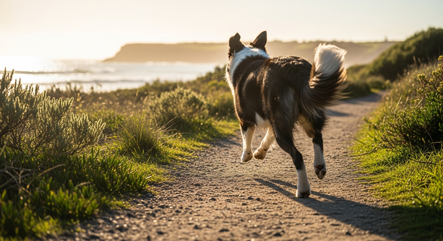 Border Collie running on an Australian park path showing the active lifestyle that benefits from gut support