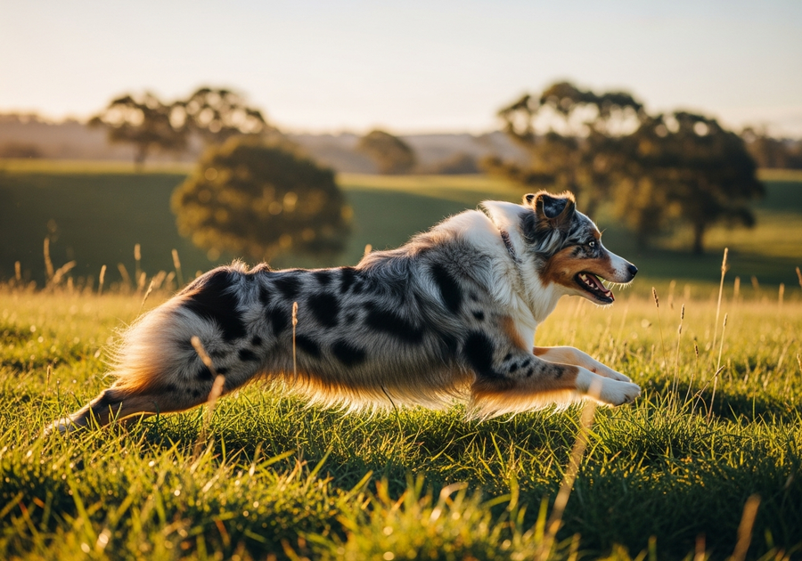 Australian Shepherd running through long grass at golden hour, showing the high-impact movement that puts pressure on hip and joint health