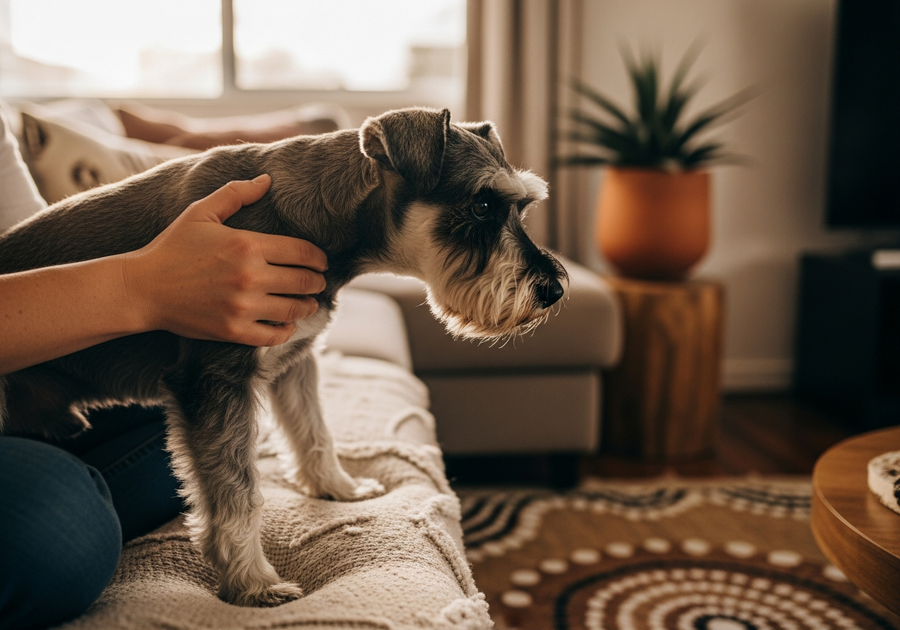 Owner lifting a Miniature Schnauzer onto a couch, an early sign joint support may help
