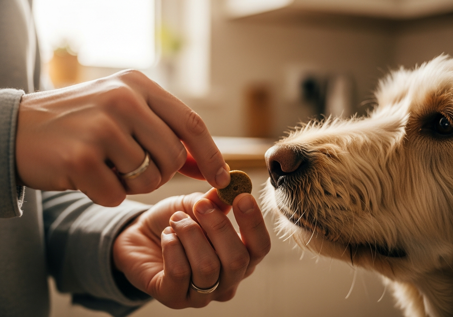 Owner offering a soft joint supplement chew to an attentive labradoodle in a warm kitchen