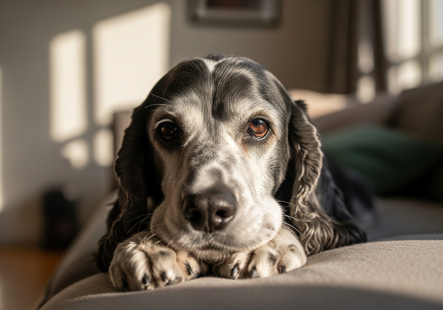 Senior Cocker Spaniel resting peacefully indoors, showing the comfort that good joint support helps maintain