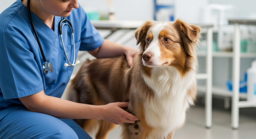 Australian Shepherd being checked by an Australian veterinarian during a mobility assessment, illustrating the vet consultation step before starting joint supplements