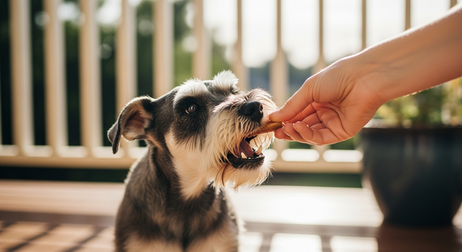 Miniature Schnauzer taking a daily joint chew on a sunny Australian verandah
