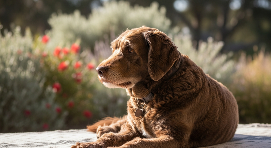 Senior labradoodle resting peacefully on an Australian verandah showing comfortable joint mobility in older age