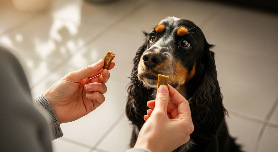 Owner offering a daily joint chew to a Cocker Spaniel, showing an easy daily mobility routine