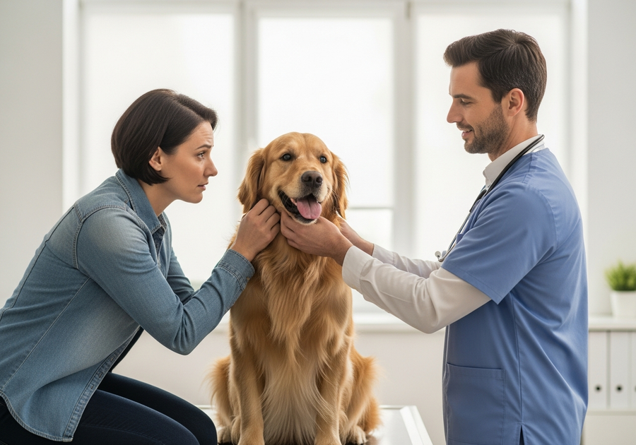 Owner and golden retriever at a vet clinic, showing regular health checks that support golden retriever lifespan
