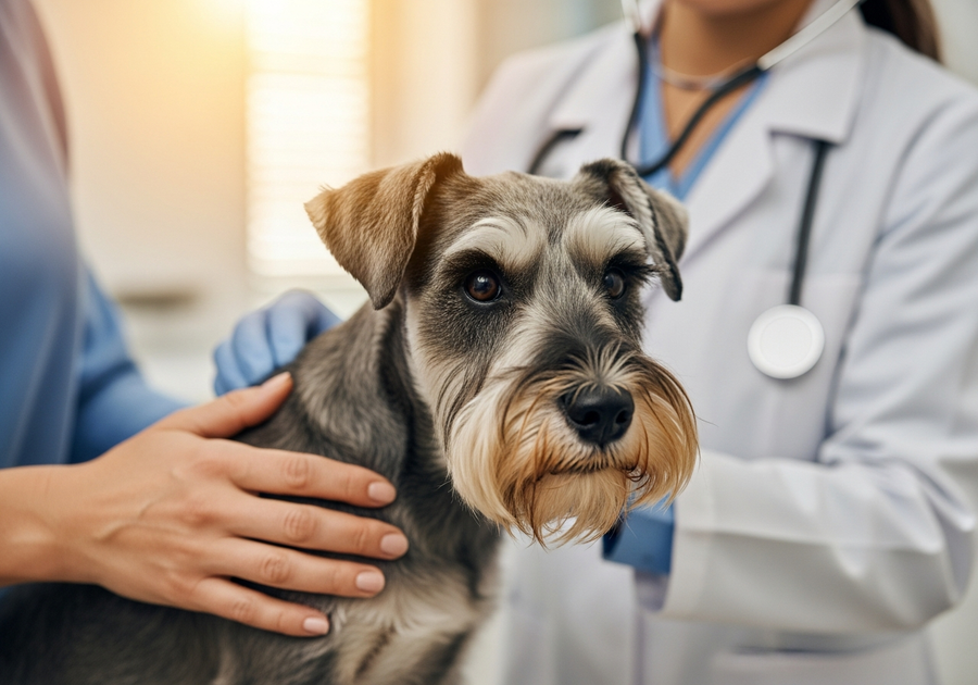 Miniature Schnauzer being examined at the vet clinic, owner's hand gently comforting the dog during a health check