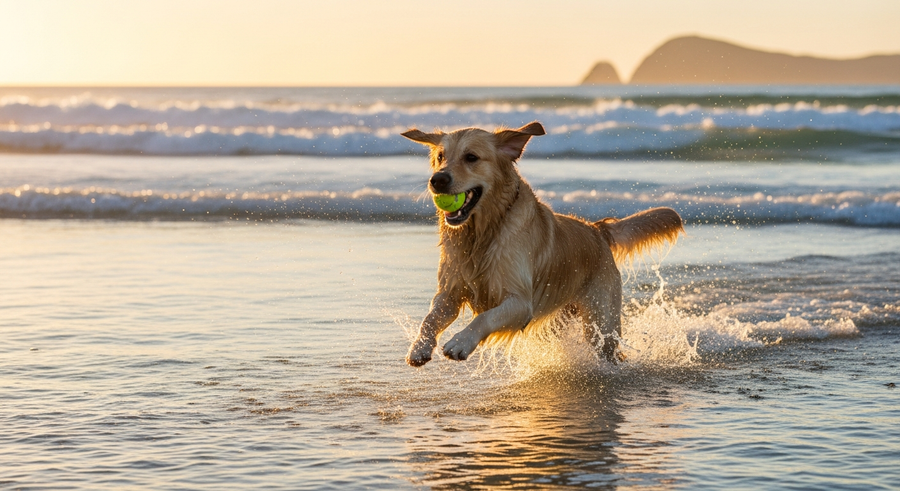 Golden retriever playing fetch at an Australian beach, showing active exercise that supports healthy lifespan