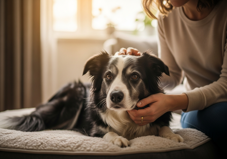 Owner gently caring for a senior Border Collie, reflecting factors that influence Border Collie lifespan