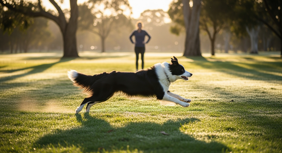 Border Collie running energetically in an Australian park, showing how exercise supports Border Collie lifespan