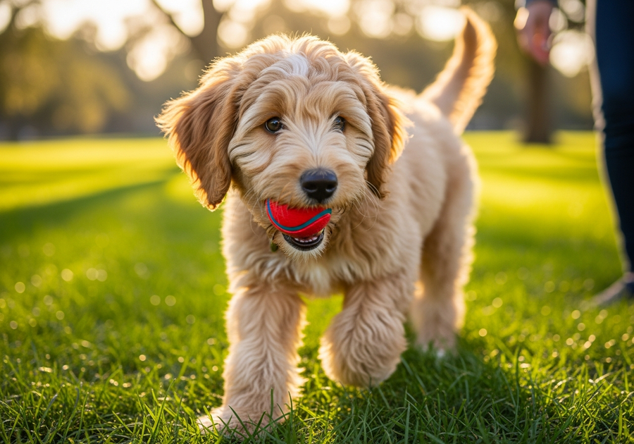 Labradoodle puppy playing fetch in an Australian park, showing the active lifestyle that supports a long lifespan