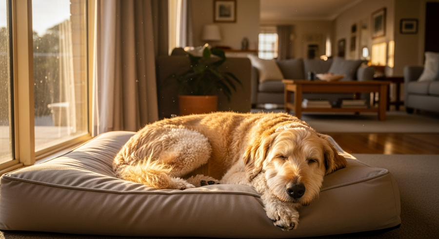 Senior Labradoodle resting peacefully on a dog bed, illustrating comfortable senior life with proper care