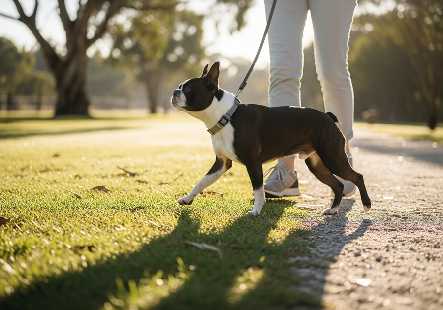 Boston Terrier walking calmly beside its owner on a park path, illustrating low-impact exercise that supports healthy joints