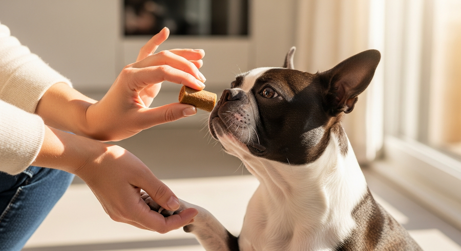 Owner offering a soft chew supplement to an attentive Boston Terrier in a kitchen, showing easy daily joint support routine