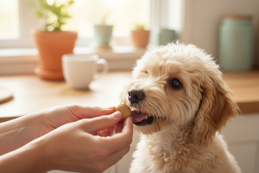 Puppy lying calmly on a rug being offered a supplement chew by owner, illustrating daily calming support for young dogs