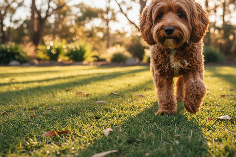 Close-up of a Cavoodle dog legs and paws on Australian garden grass, supporting healthy joint mobility