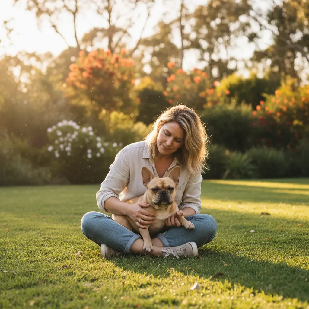 Owner checking a French Bulldog joints in Australian garden