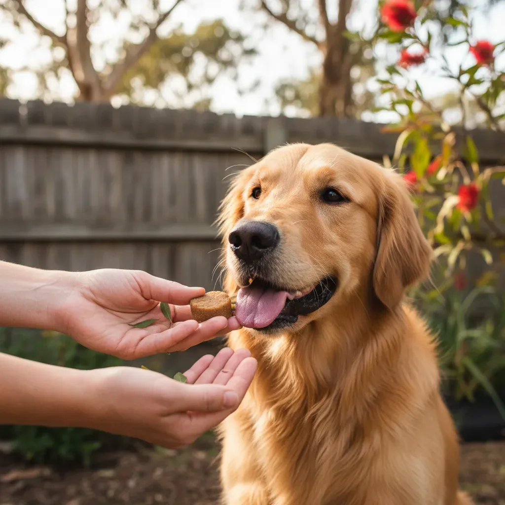 Owner offering a probiotic soft chew to a golden retriever, illustrating signs dog needs probiotic daily routine