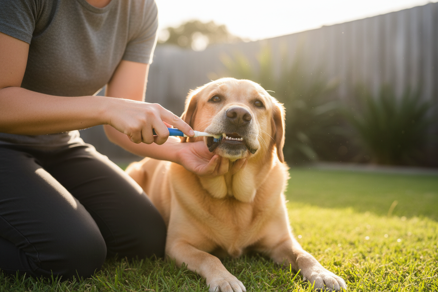 Australian pet owner brushing their labrador teeth at home, showing daily dog dental care routine