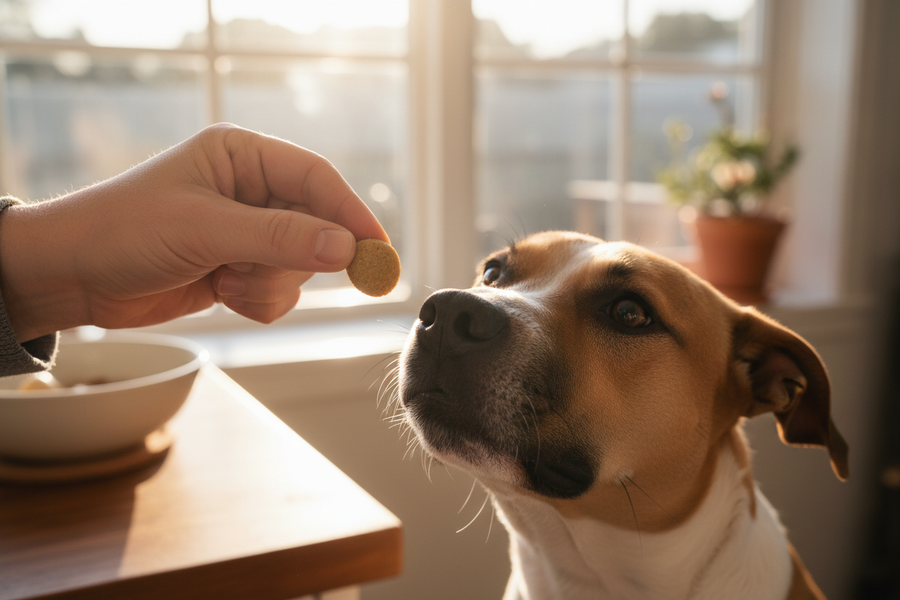Owner offering a collagen joint supplement chew to a Staffordshire Bull Terrier dog in a sunny kitchen