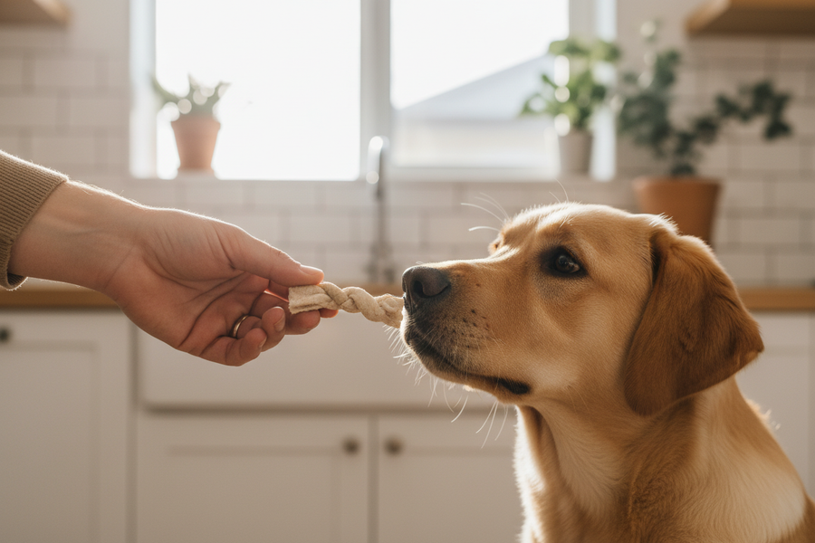 Owner offering a soft chew probiotic treat to a labrador puppy, showing easy daily supplementation for puppy gut health