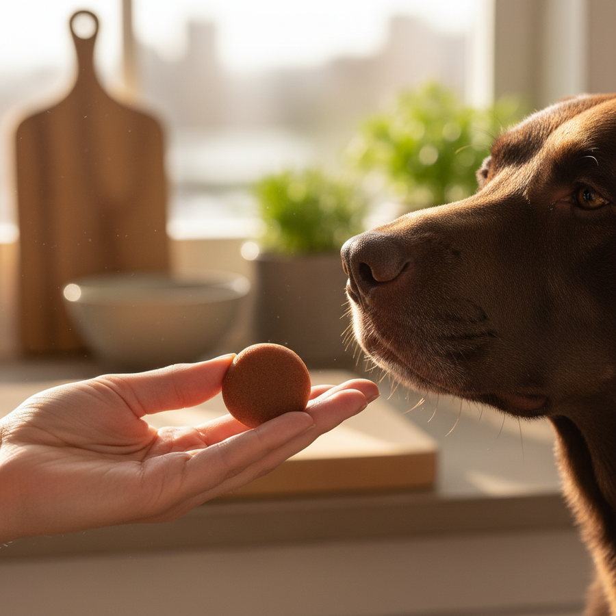 Owner offering a daily calming supplement chew to a chocolate Labrador, supporting calm behaviour in anxious dogs