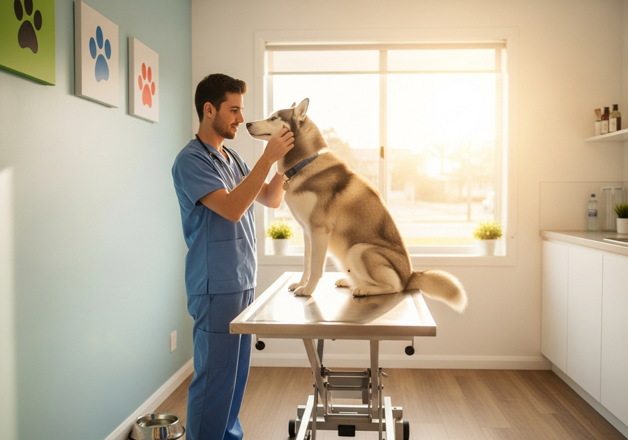 Siberian Husky at vet examination, important for managing siberian husky health problems in Australia