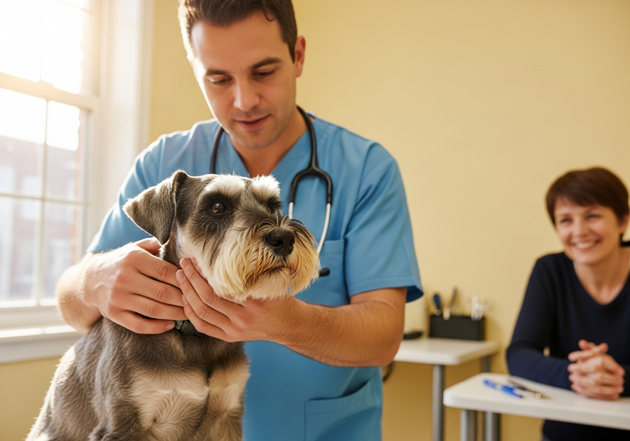 Miniature Schnauzer being examined by a veterinarian during a routine health check, supporting breed longevity