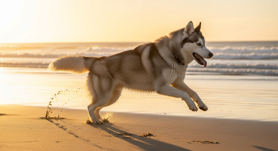 Siberian Husky running on Australian beach at golden hour, a healthy active dog