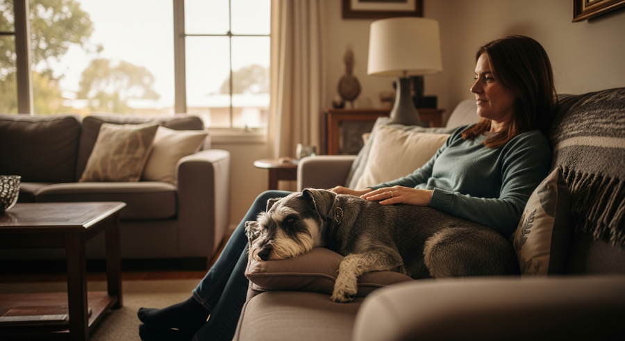 Senior Miniature Schnauzer resting contentedly beside their owner on a couch, showing the joy of the breed's long lifespan