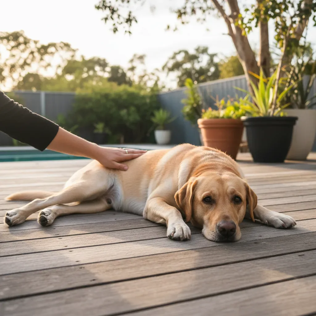 Labrador Retriever resting comfortably on a sunny Australian deck, illustrating the mobility and comfort that consistent joint supplement support can provide