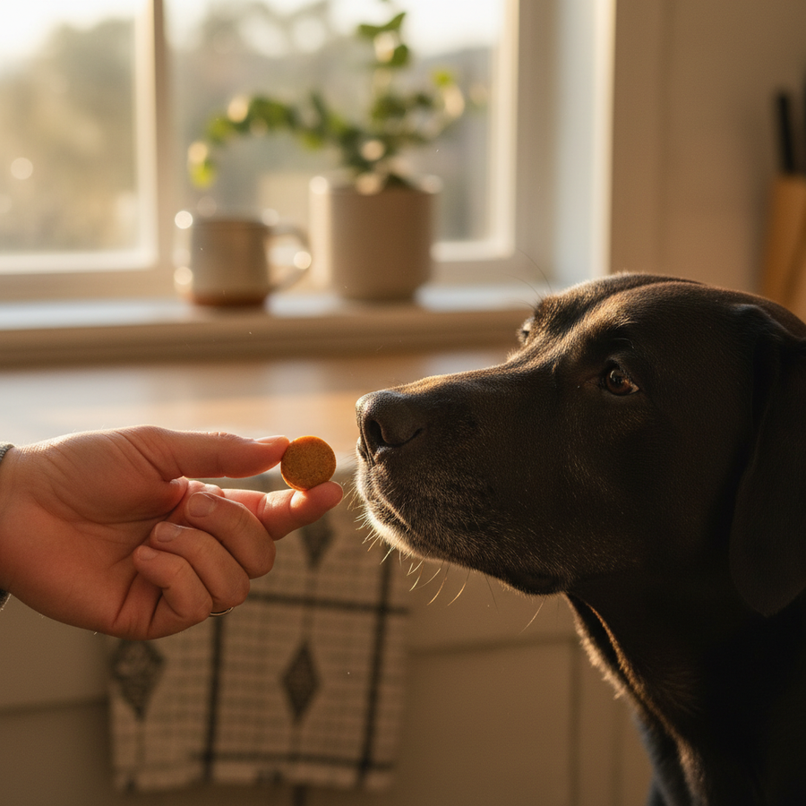 Owner offering a probiotic chew to a Labrador Retriever, showing easy daily supplement routine for gut health