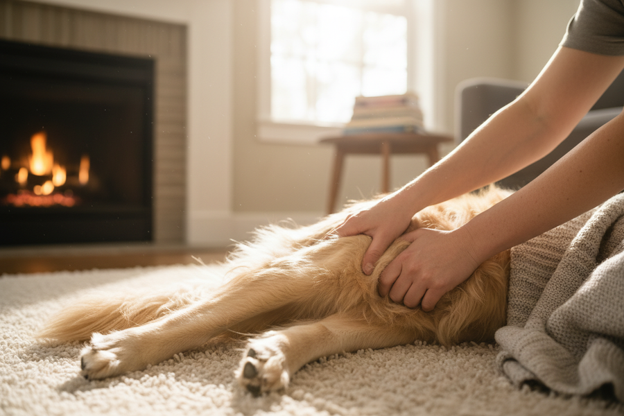 Owner gently massaging a dogs hip and hind leg at home, illustrating hands-on joint care alongside MSM supplementation