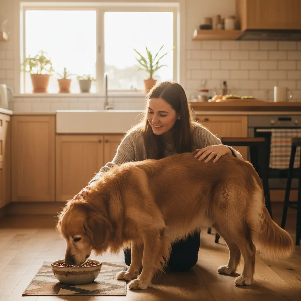 Owner caring for a senior golden retriever at mealtime in a bright kitchen, showing daily supplement routine for senior dog gut health