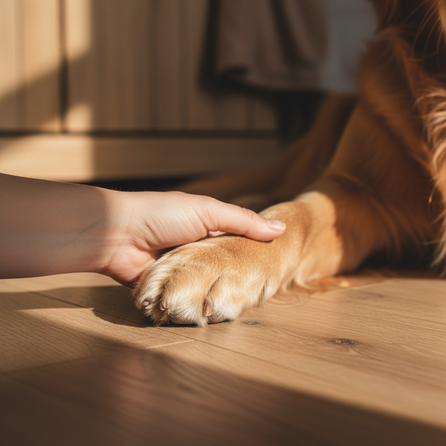 Owner gently touching dog's paw joint area, illustrating hands-on care alongside vitamin C supplementation for joint health