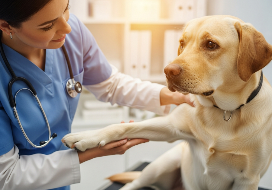 Labrador Retriever being examined by a vet for skin allergies, a common health problem in the breed