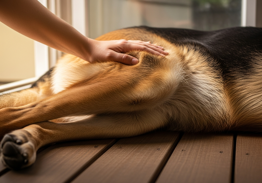 German Shepherd resting on a verandah with owner's hand nearby, illustrating gentle daily care for joint health