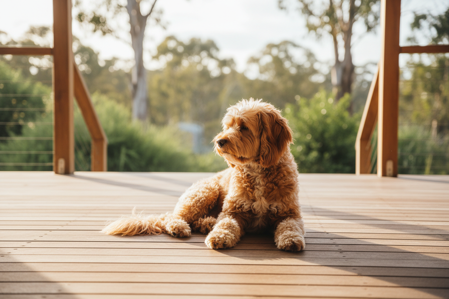 Cavoodle sitting calmly on a sunny Australian verandah, relaxed body language showing the benefit of consistent calming support