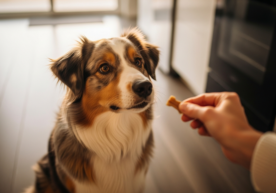 Australian Shepherd attentively waiting for a daily probiotic chew treat from its owner in a kitchen