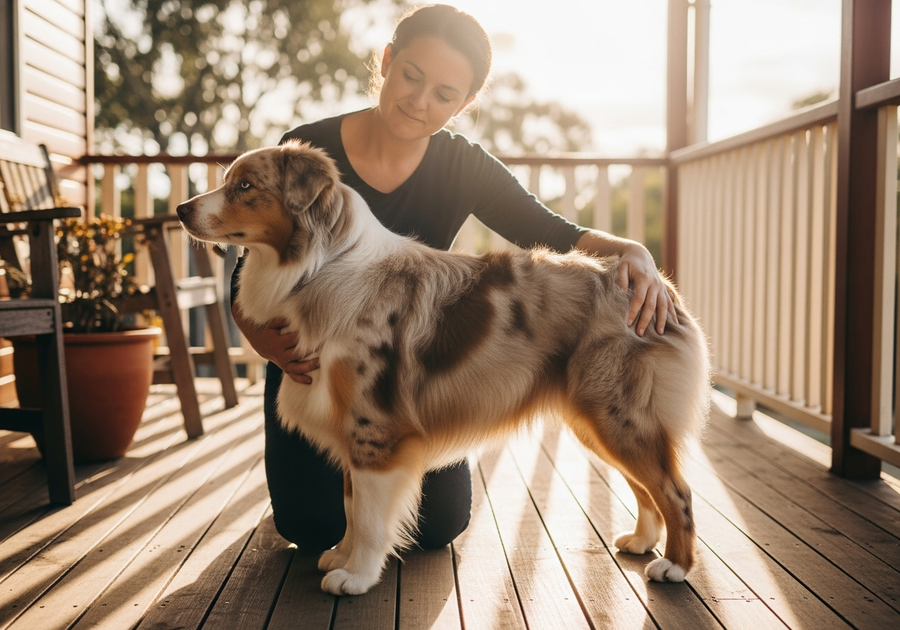 Owner checking Australian Shepherd hips on a verandah, a common health concern affecting breed lifespan