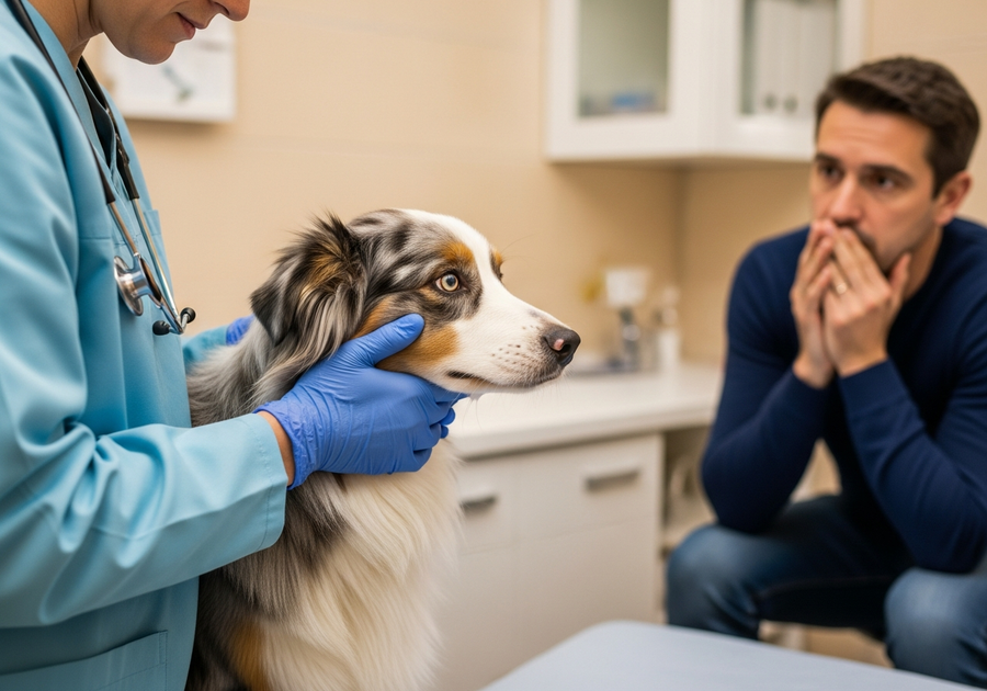 Australian Shepherd being examined by a vet with owner present, illustrating routine health checks for the breed