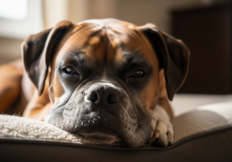 Senior Boxer dog resting on a dog bed indoors, illustrating how Boxers age and what to expect in their senior years