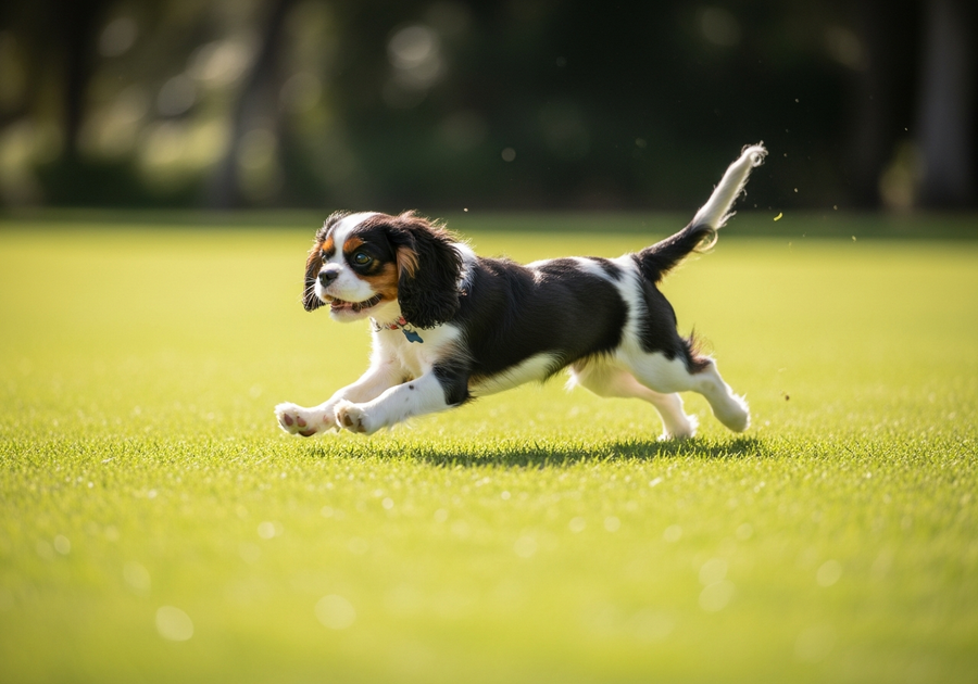 Cavalier King Charles Spaniel puppy running in an Australian park, joyful and full of energy