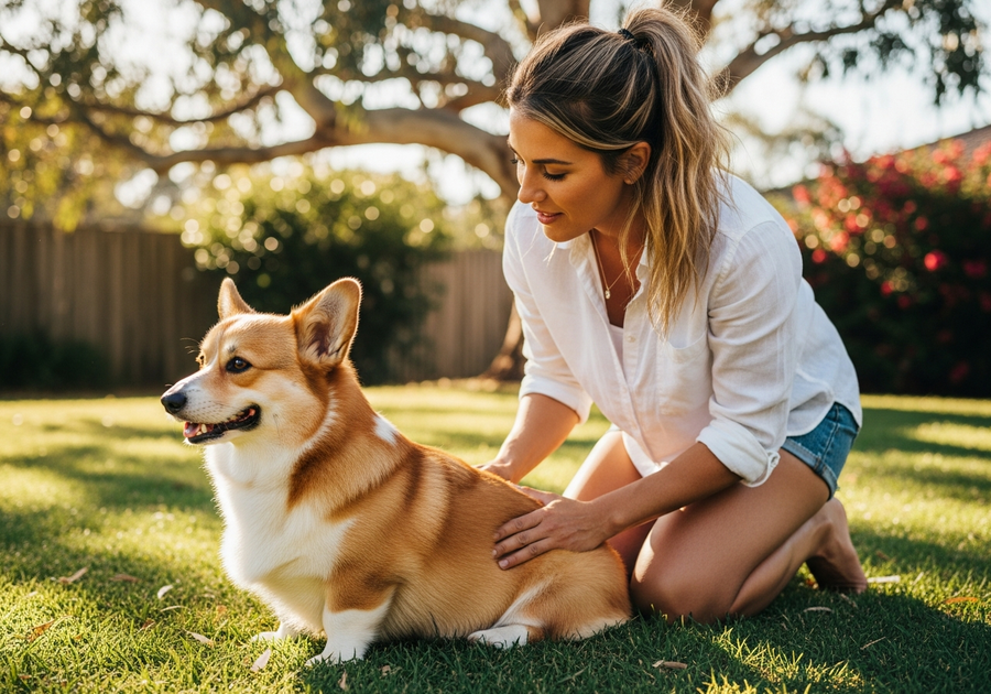 Owner checking Pembroke Welsh Corgi legs in backyard, assessing joint health for corgi care