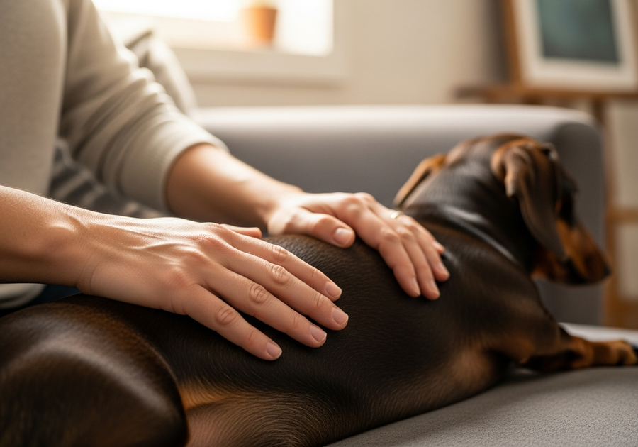 Owner supporting a dachshund's back while the dog rests on a couch, illustrating back care for dachshund IVDD prevention
