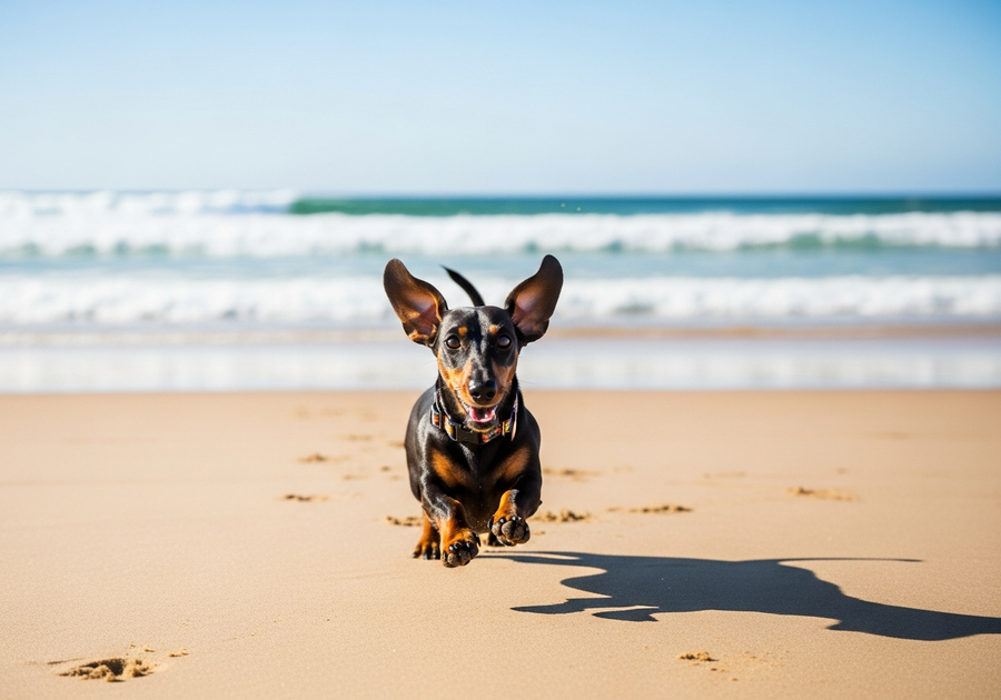 Happy dachshund running on an Australian beach, showing the breeds characteristic energy and enthusiasm for life