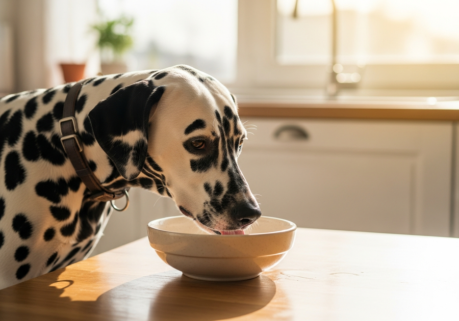 Dalmatian dog drinking water from a bowl, showing importance of hydration for preventing urinary stones in Dalmatians