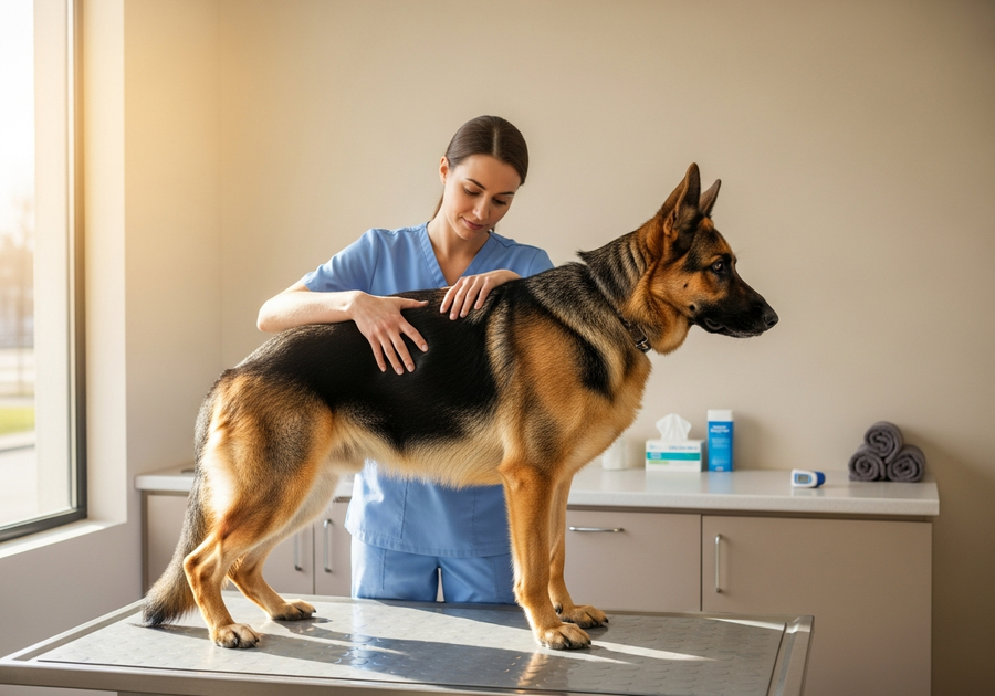 German Shepherd being examined by a veterinarian, illustrating the importance of regular vet check-ups for breed longevity