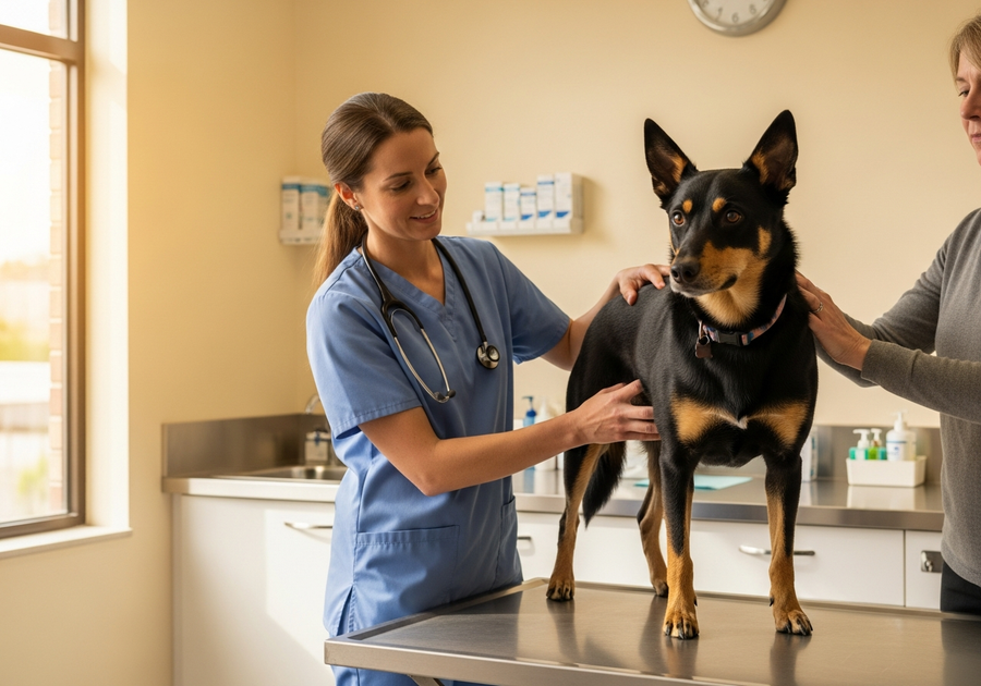 Australian Kelpie being examined by a veterinarian, showing routine health check for common kelpie health problems