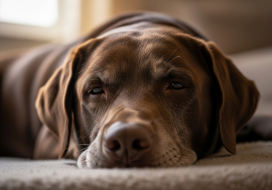 Senior chocolate Labrador Retriever with greying muzzle resting peacefully, illustrating Labrador aging and lifespan